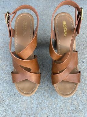 Soda Tan Crisscross Wedge Sandals